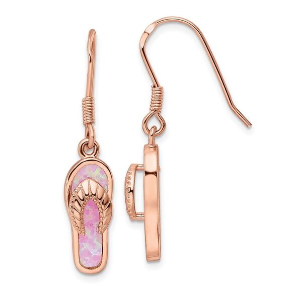 Kazi Luxury Silver Rose-tone Pink Created Opal Inlay Flip Flop Dangle Earrings